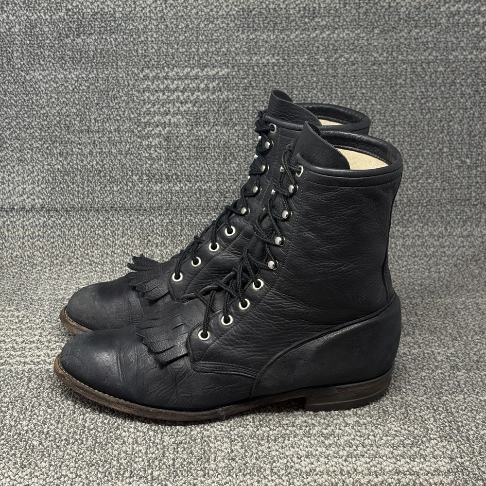 Justin 551 Black Leather Kiltie Lace Up Boots Western USA Made Men's Size 8D